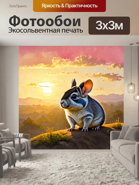 Фотообои шиншилла, созерцающая вечерний закат, сидит на высоком склоне, где небо окрашено в розовые и золотистые…