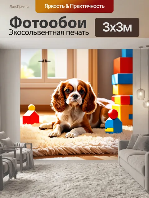 Фотообои милый кавалер-король чарльз спаниель, мирно лежащий на мягком ковре, окруженный яркими игрушками