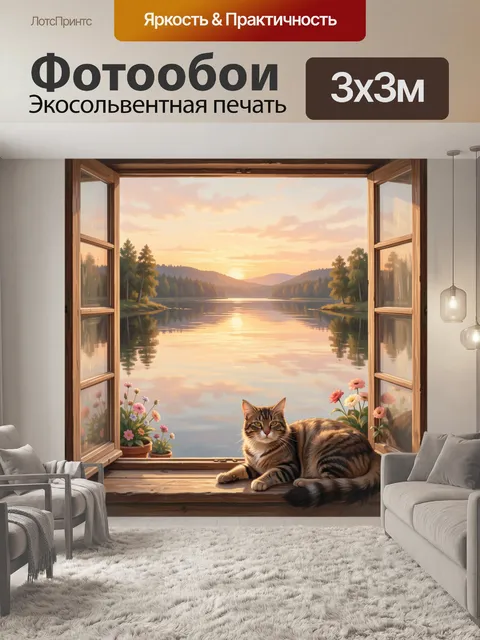 Фотообои Полосатый кот у водоёма на закате