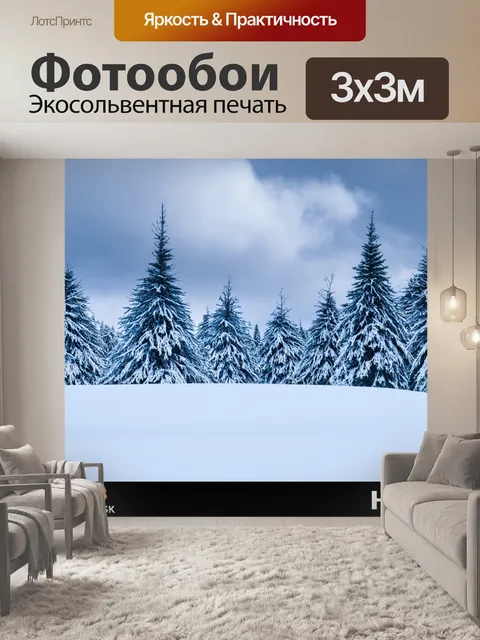 Фотообои зимний пейзаж с пухлыми облаками и заснеженными деревьями