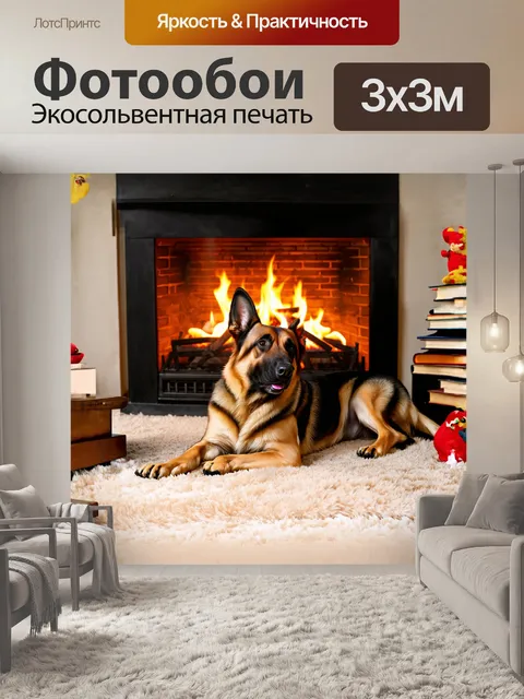 Фотообои немецкая овчарка, лежащая у камина, уютно устроившись на мягком ковре, с тепло мерцающим светом…
