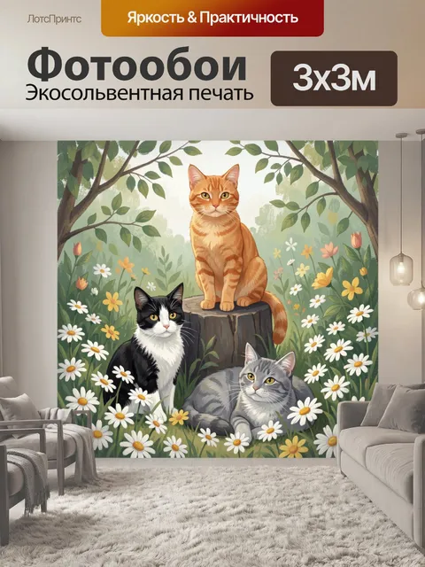 Фотообои Три кота в цветущем саду