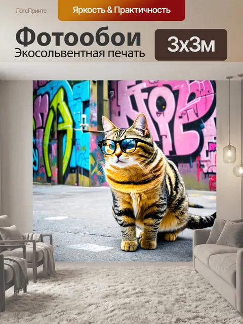 Фотообои животные в стиле граффити: стильный кот с очками, исследующий городской ландшафт, богатый граффити