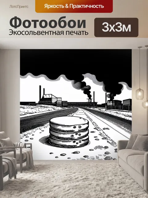 Фотообои зимний ландшафт, где колеса сыра, покрытые снежным покровом, стоят вдоль дороги, а дымок поднимается от…