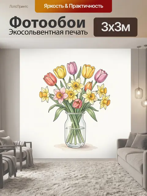 Фотообои Тюльпаны и нарциссы в стеклянной вазе