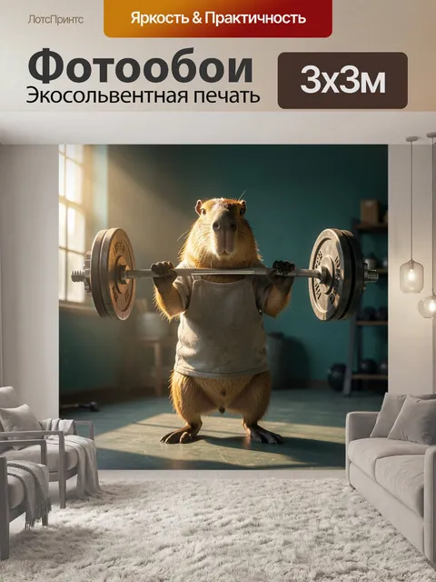 Фотообои Капибара с штангой в спортзале