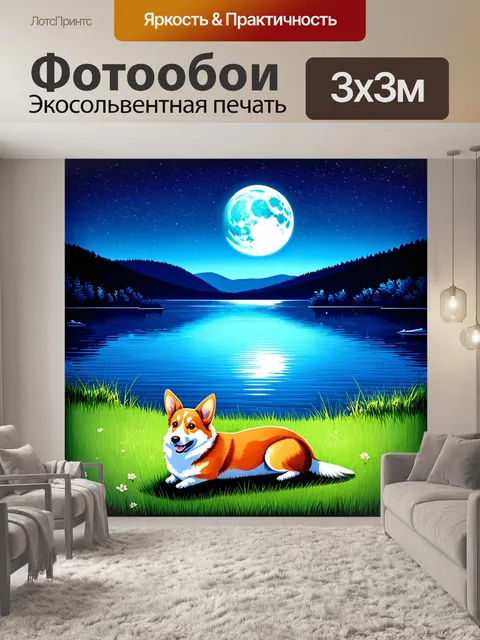 Фотообои спокойная летняя ночь на берегу озера, где корги лежит на траве и смотрит на отражение луны в воде
