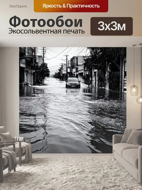 Фотообои черно-белый: наводнение, затопившее город и размывшее дороги