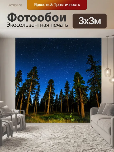 Фотообои лес с вечерним небом, полным звезд, и силуэтом деревьев