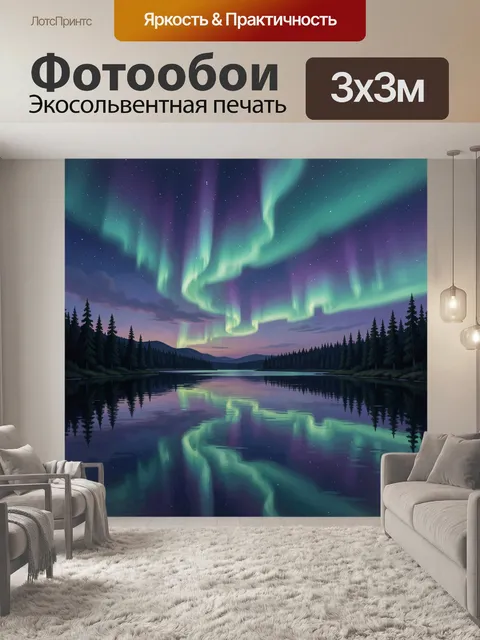 Фотообои Северное сияние над лесным озером