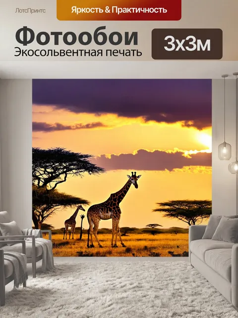 Фотообои с жирафами, наблюдающими за заходом солнца на фоне величественных деревьев, с облаками, окрашенными в…