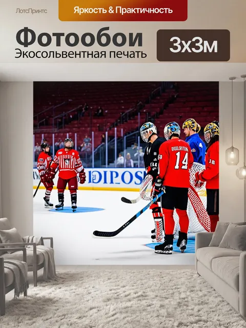 Фотообои праздничное настроение на хоккейном турнире, комфортабельная атмосфера с освещением и цветами хоккейных команд