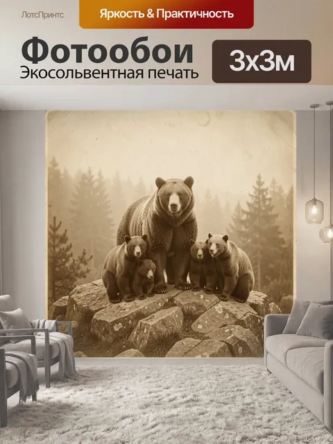 Фотообои Семья бурых медведей на скале