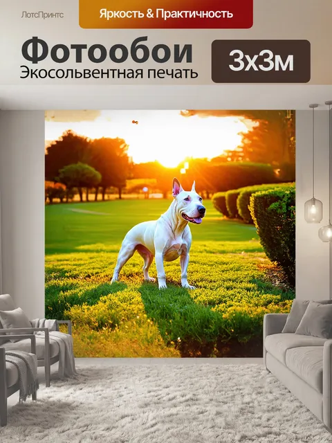 Фотообои белый бультерьер, наслаждающийся летом в парке, окруженный зелеными травами и яркими кустами
