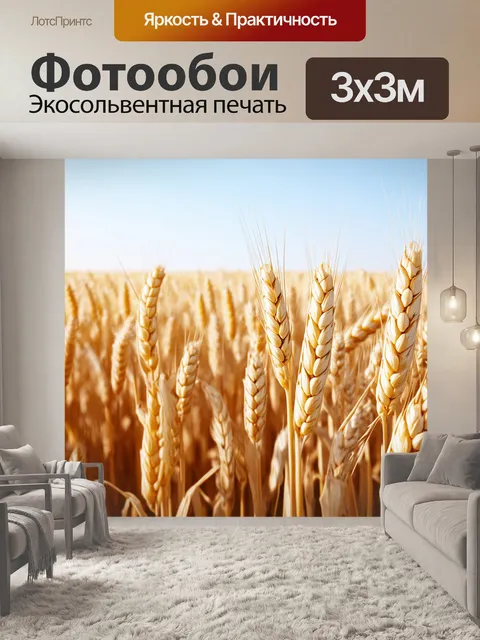 Фотообои бежевое поле пшеницы, колышущееся под легким ветерком, с ясным небом над головой