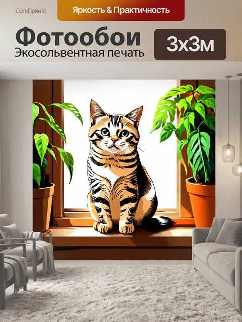 Фотообои животные в стиле скетч, изображение забавного кота, сидящего на окне с растениями