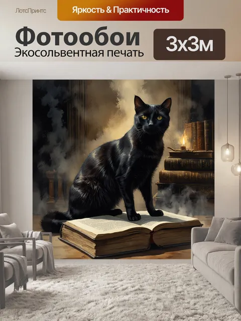 Фотообои черная кошка на старой книге