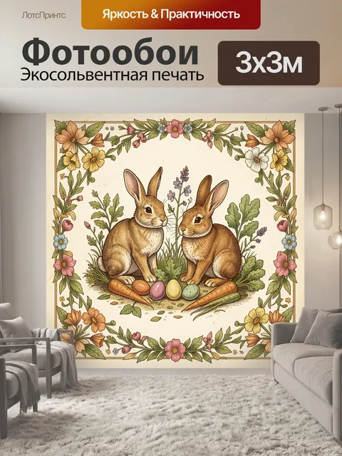 Фотообои Два зайца среди весенних цветов