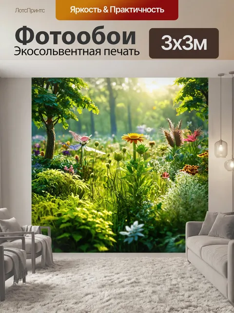 Фотообои зеленые в стиле фэнтези с полем, на котором растут волшебные растения и обитают сказочные существа