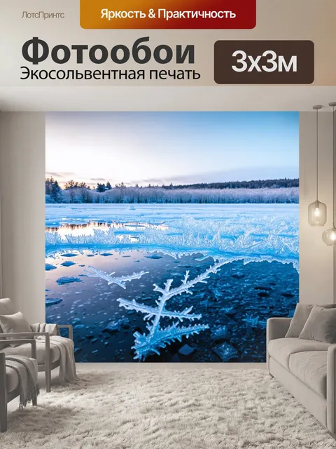 Фотообои вода, замерзшая в кристаллы льда на замерзшем озере, с отражением зимнего неба