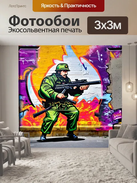 Фотообои фон в стиле графити, военные мотивы, яркие цвета, элементы истории, силуэты военных, динамичные формы…