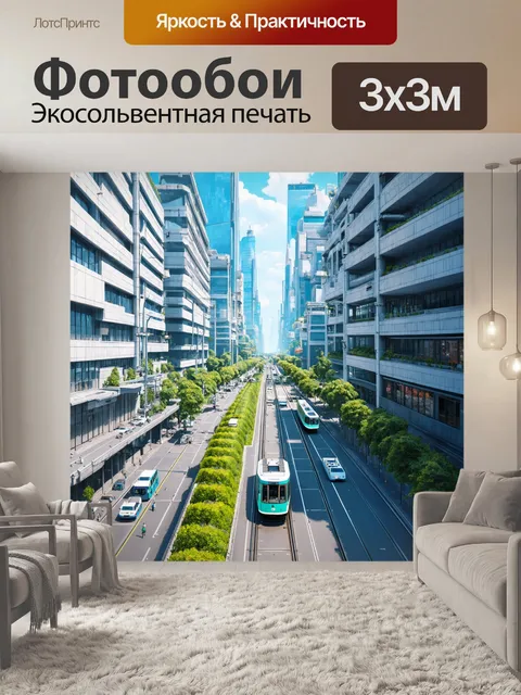 Фотообои город в стиле футуристический, многоуровневые улицы с летающими поездками и зелеными парками