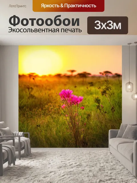 Фотообои розовенькие цветы в саванне, окруженные зелеными травами, на фоне заката