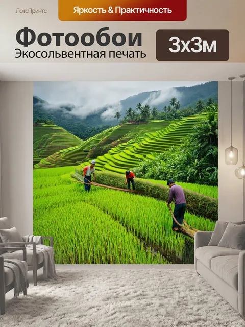 Фотообои китай с зелеными рисовыми террасами, в которых работники выращивают рис, а над полем плывут облака