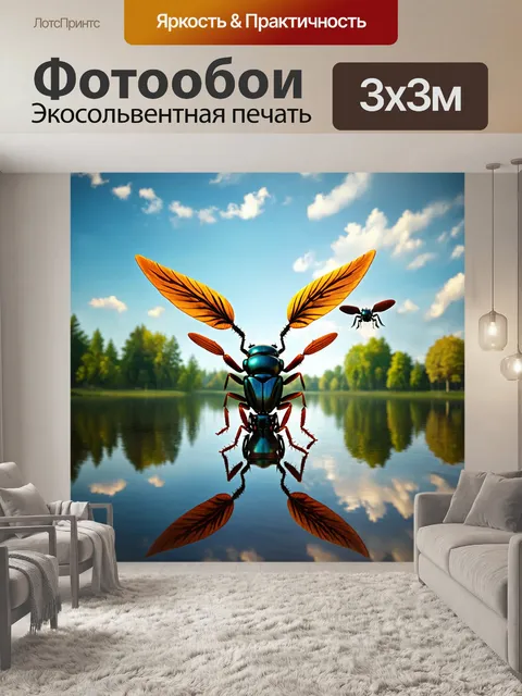 Фотообои озеро в стиле стимпанк, где механические жуки с крыльями парят над водой, создавая необычные отражения