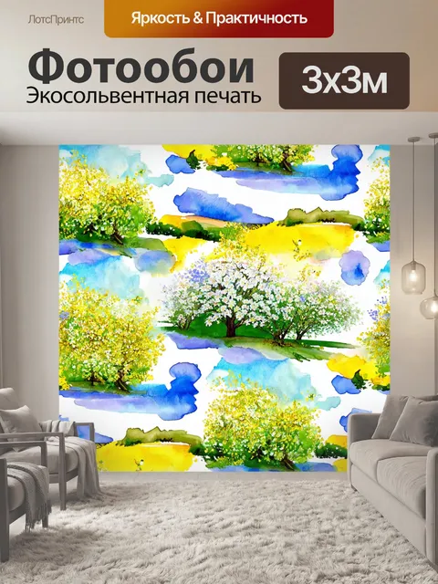 Фотообои паттерн с пейзажами весны, где цветение деревьев и растений создает радостное настроение