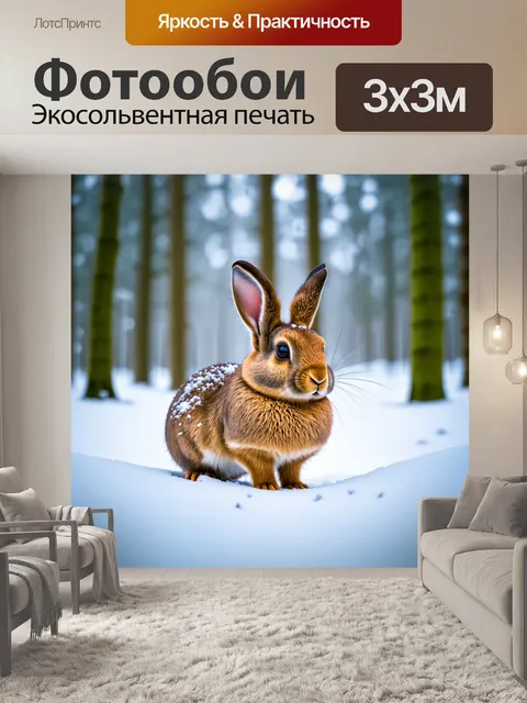 Фотообои кролик в зимнем лесу, окруженный снегом
