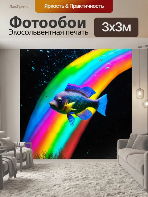 Фотообои странная рыба, плывущая через сияющую радугу, выполненная в стиле психоделического искусства