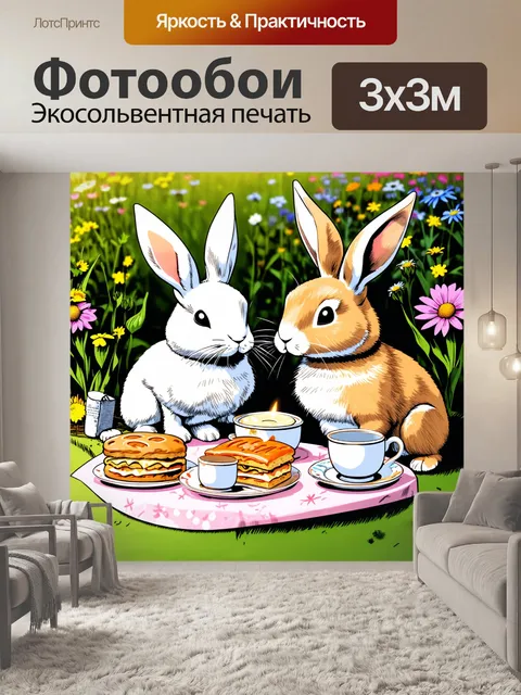 Фотообои вообразите, как кролик и заяц наслаждаются вечерним чаепитием с пирожными в озеленённом саду, окружённом…