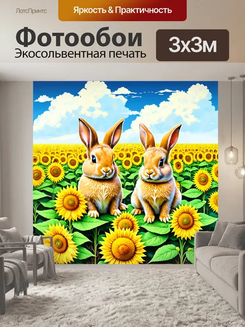 Фотообои животные в стиле пастельный рисунок, показывающие зайцев, сидящих на поле с подсолнухами и облаками на фоне