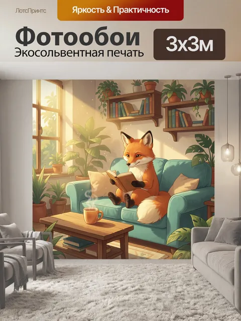 Фотообои Лиса с книгой в уютной гостиной