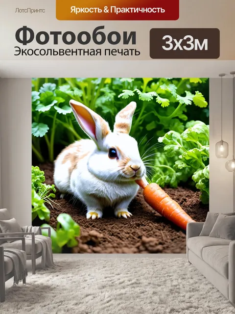 Фотообои кролик, сажающий морковку в небольшом огороде, его выражение лица сосредоточенное, а вокруг стоят другие…