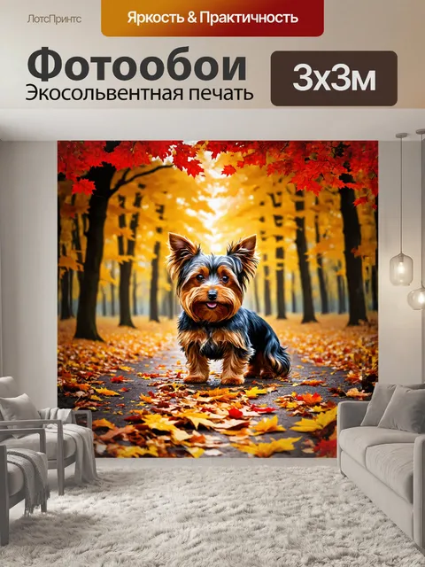 Фотообои йоркширский терьер, позирующий на фоне осеннего леса, окружен падающими листьями, которые играют всеми…