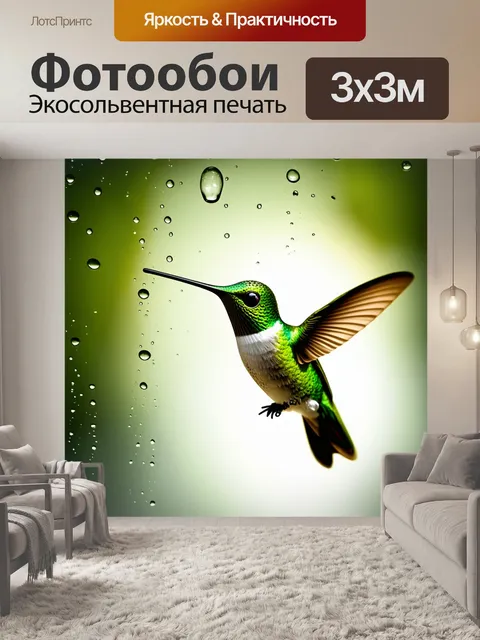 Фотообои зеленый колибри, пронзающий прозрачные капли воды в солнечном свете, напоминающем радугу