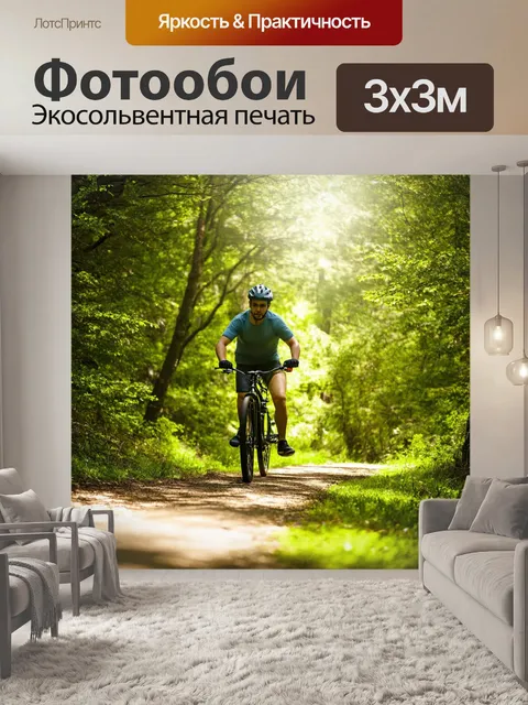 Фотообои велосипед, едущий по зеленому лесному маршруту, окруженному солнцем и деревьями