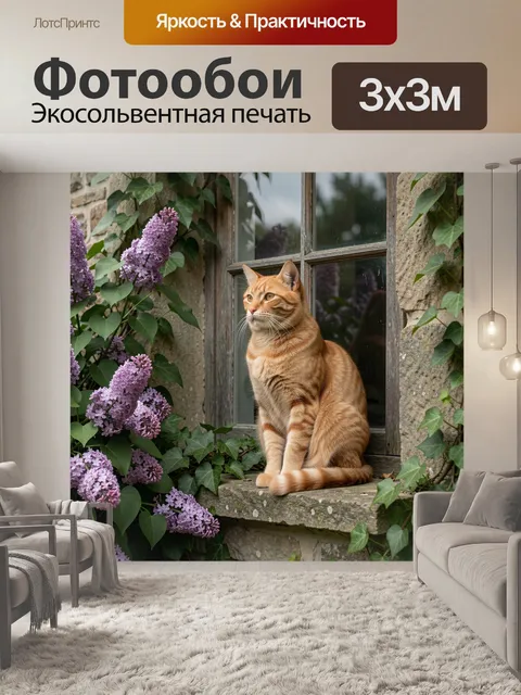Фотообои Рыжий кот у окна с сиренью