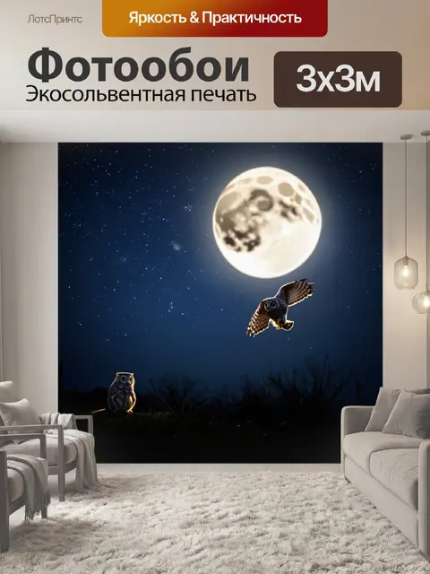 Фотообои охота: ночное небо с яркими звездами, совы охотятся на мелких грызунов под луной, техника светотени