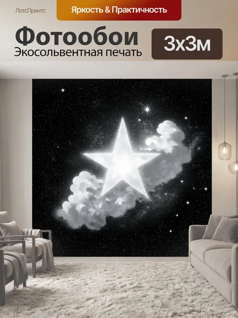 Фотообои черно-белый: путеводная звезда на ночном небе, окруженная мириадами других звезд с легким облаком туманности