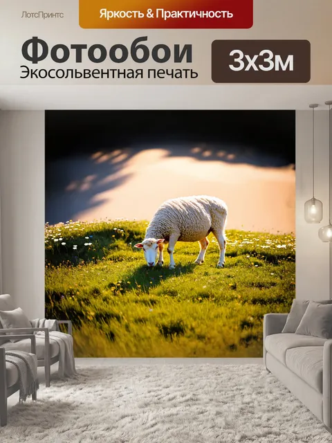 Фотообои овечка пасется на зелёном холме, окруженная цветущими дикими цветами