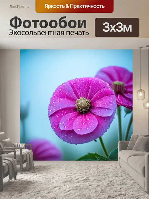 Фотообои где изображены великолепные цветы, покрытые каплями росы, на фоне нежного небесно-голубого цвета