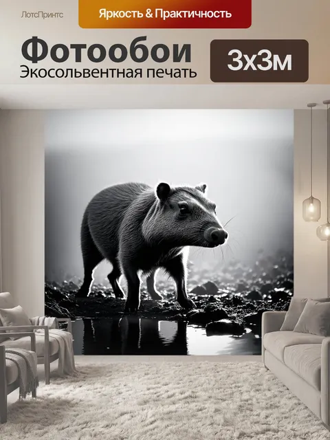 Фотообои капибара в раннее утро, когда сначала светит солнечный свет, отражая её силуэт на утреннем тумане