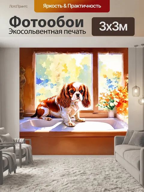 Фотообои кавалер кинг чарльз спаниель разместился на подоконнике