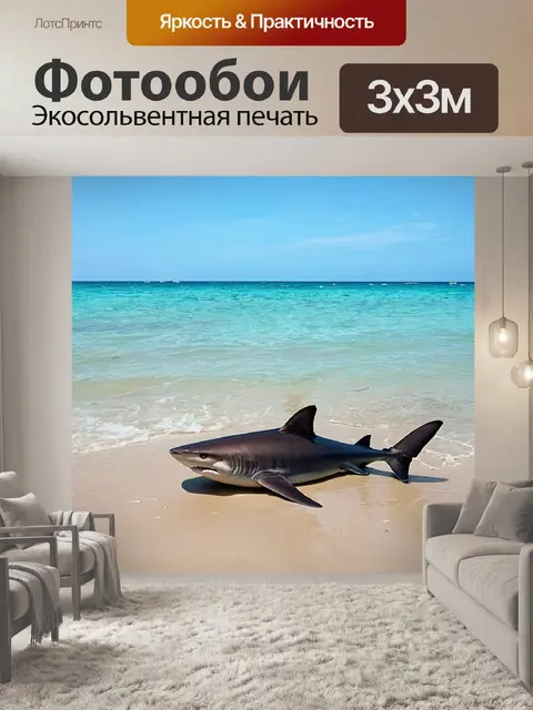 Фотообои спокойное утро на пляже с акулой на заднем плане