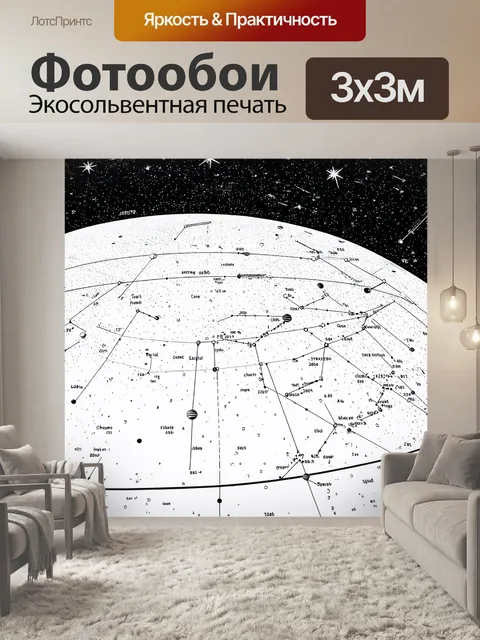 Фотообои черно-белый, на которых изображена детализированная карта звездного неба с обозначением созвездий и планет