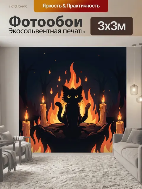 Фотообои Чёрный кот в пламени и тьме