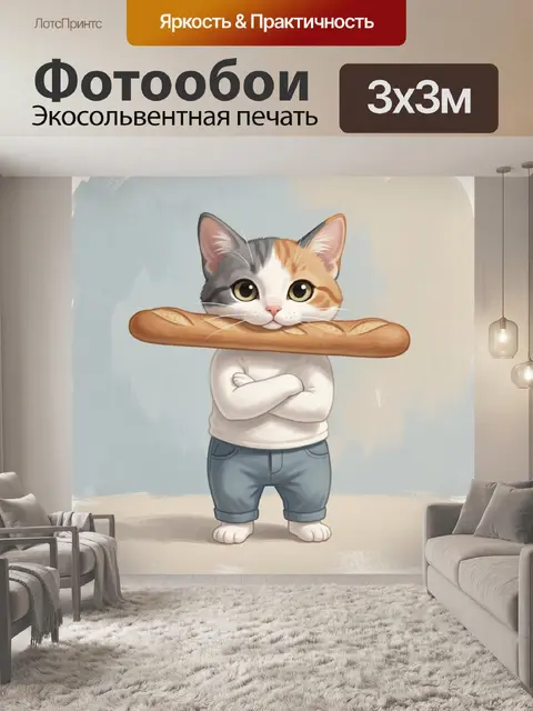 Фотообои Кот с багетом в зубах